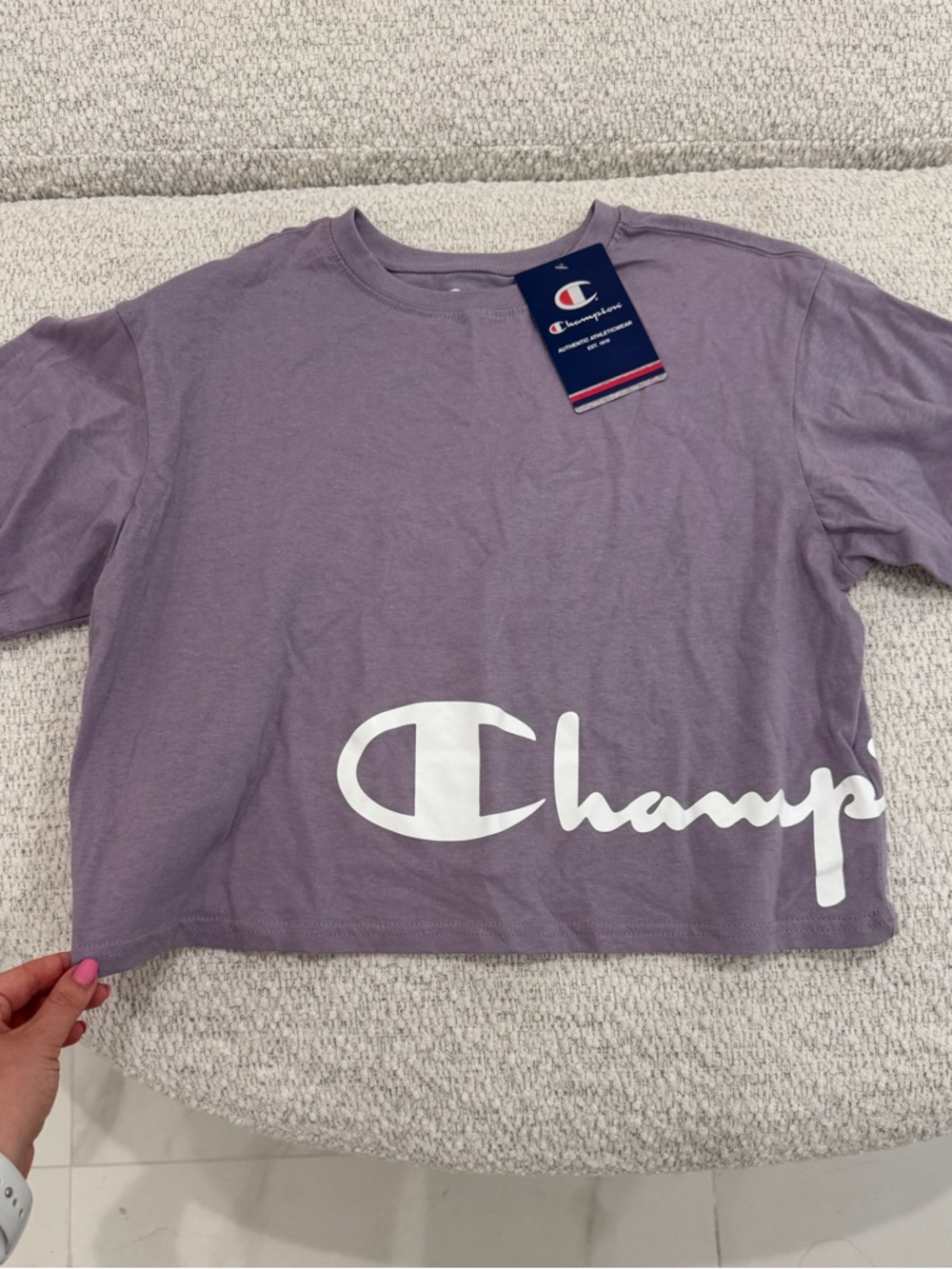 NWT Champion Lavender Cropped Boxy Logo Tee Top